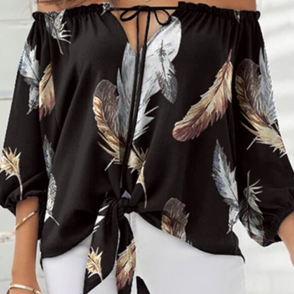 CLEARANCE ☀️ Black Off Shoulder Feather Print Tie Detail Top S - Picture 8 of 9